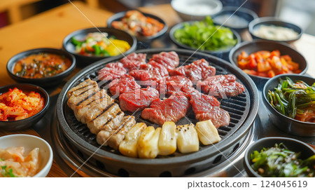 Grilled meat and side dishes presented on a table in a lively restaurant during dinner time Grilled meat and side dishes presented on a table in a lively restaurant during dinner time 124045619