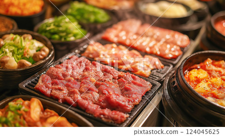 Deliciously prepared marinated meats and fresh vegetables on a sizzling grill in a vibrant outdoor market 124045625