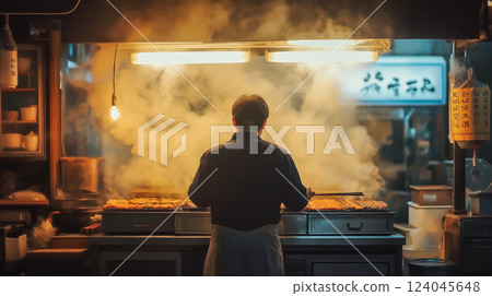 Vendor cooks delicious skewered food in a busy market at night 124045648