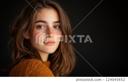 Sophisticated portrait of a young woman with glowing skin and natural freckles 124045652
