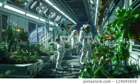 Three astronauts in white spacesuits walk past rows of indoor plants in a futuristic space station. 124045658