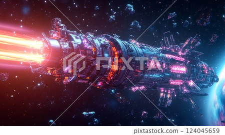 A long, silver spaceship is flying through a dark space filled with stars and asteroids. The spaceship has red and pink lights and is emitting a bright red beam from its back. 124045659