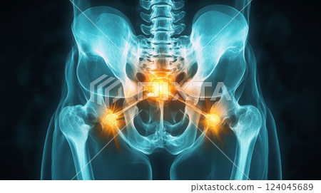 An x-ray image shows the human pelvis, highlighting three areas where there may be pain. The areas are shown as glowing orange 124045689