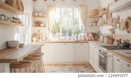 This inviting kitchen features white cabinetry, wooden countertops, and natural light pouring in through the window. Stylish decor and plant elements enhance the warm and cozy atmosphere. This inviting kitchen features white cabinetry, wooden countertops, and natural light pouring in through the window. Stylish decor and plant elements enhance the warm and cozy atmosphere. 124045877