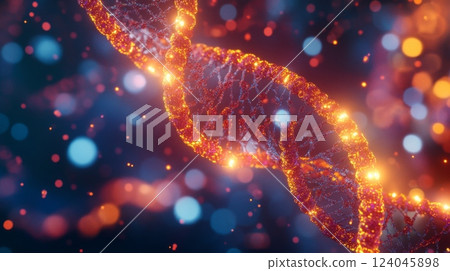 This is a digitally rendered image of a DNA strand, brightly illuminated and glowing against a dark background. The strand is a double helix structure, with a vibrant orange hue 124045898