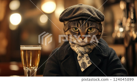 A cat dressed in a cap and scarf sits at a bar, confidently sipping a drink. The cozy, warmly lit pub creates a relaxed atmosphere, highlighting the unique character of this feline patron. 124045899