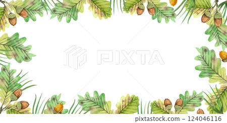 Rectangular frame of oak leaves, ripe acorns and pine needles. All objects are hand painted with watercolors. Suitable for card design, invitations, stationery design, printing on fabric and paper. 124046116