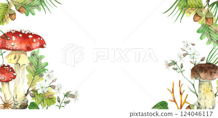 Rectangular frame with forest theme, red fly agaric, porcini mushroom, pine needles, oak leaves and white flowers. All objects are hand painted with watercolors. Suitable for printing, postcards. 124046117