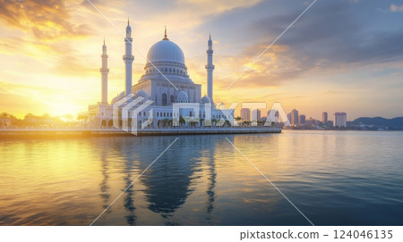 As the sun rises, a beautiful mosque stands tall with its domes and minarets, casting reflections on the tranquil waters. The backdrop of a city skyline enhances the serene atmosphere of the morning. 124046135