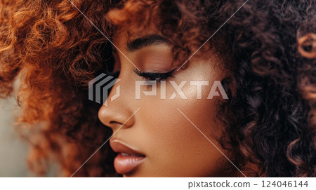 A young woman with vibrant curly hair poses gracefully, highlighting her glowing skin under warm sunlight in an outdoor setting A young woman with vibrant curly hair poses gracefully, highlighting her glowing skin under warm sunlight in an outdoor setting 124046144