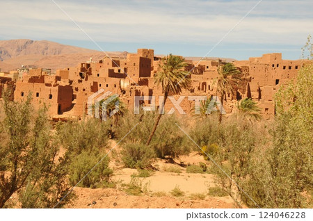 Morocco, Kasbah Road, village with date palm fields, oasis Morocco, Kasbah Road, village with date palm fields, oasis 124046228