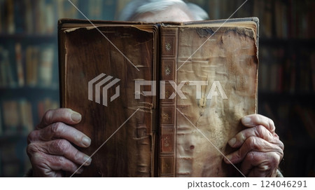 An elderly man with gray hair sitting and holding a book in his hands. An elderly man with gray hair sitting and holding a book in his hands. 124046291