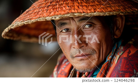 A man wearing a colorful traditional straw hat gazes intensely, showcasing the craftsmanship of his attire against a blurred market backdrop. 124046298