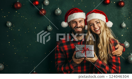 A couple wearing Santa hats stand in front of a green wall with red and silver ornaments. They smile and hold a wrapped gift. 124046304