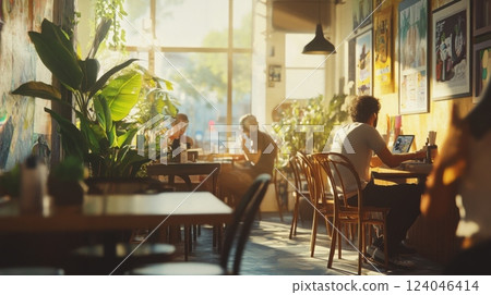 Warm sunlight fills a cozy cafe where patrons work on laptops and enjoy their drinks amidst vibrant decor. 124046414