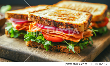 Delicious grilled sandwich stacked with layers of turkey, fresh vegetables, and toasted whole grain bread 124046487