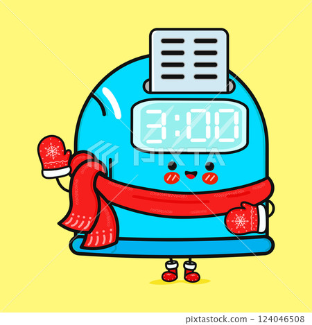 Cartoon Time Clock. Cute Winter Punch Clock in Scarf and Mittens 124046508
