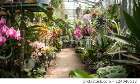 A lively pathway in a greenhouse filled with various colorful plants and blooming flowers under bright natural light. 124046518