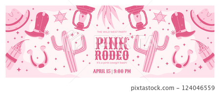 Pink Rodeo Party Horizontal Banner with Cowboy Hats, Boots, Cactus, Horseshoes, Lanterns, and Dynamite in a Playful Western Theme Pink Rodeo Party Horizontal Banner with Cowboy Hats, Boots, Cactus, Horseshoes, Lanterns, and Dynamite in a Playful Western Theme 124046559