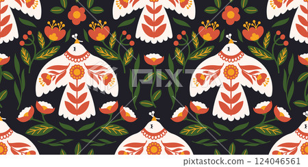 Seamless Folk Art Pattern with Stylized Birds and Floral Motifs in Traditional Scandinavian Style on Dark Background. Seamless Folk Art Pattern with Stylized Birds and Floral Motifs in Traditional Scandinavian Style on Dark Background. 124046561