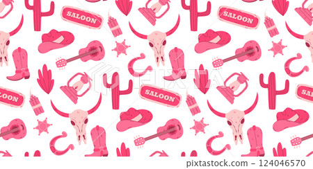 Western-themed seamless pattern with cowgirl icons and pink illustrations. Western-themed seamless pattern with cowgirl icons and pink illustrations. 124046570