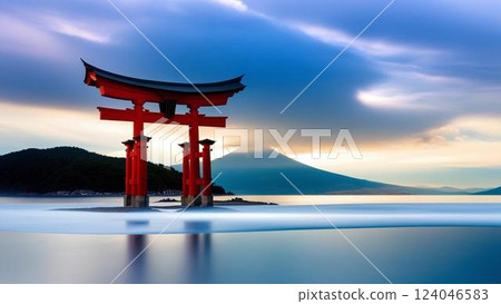 雄偉的鳥居和富士山-寧靜而壯觀的景色 雄偉的鳥居和富士山-寧靜而壯觀的景色 124046583
