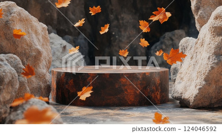 Golden autumn leaves swirl gracefully around a wooden pedestal, surrounded by rugged rocks in a serene cave. The warm light enhances the natural beauty, creating a tranquil and inviting atmosphere. 124046592