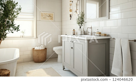 A white bathroom with white subway tile walls and a large window. There is a gray vanity cabinet with a white countertop and a white porcelain sink. The cabinet has two doors and black hardware A white bathroom with white subway tile walls and a large window. There is a gray vanity cabinet with a white countertop and a white porcelain sink. The cabinet has two doors and black hardware 124046620