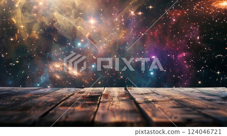 A weathered wooden plank sits against a backdrop of a starry night sky, featuring a colorful nebula and twinkling stars. 124046721