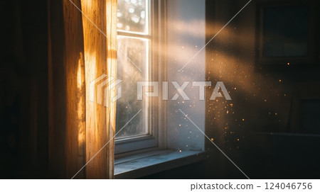 Golden rays of sunlight filter through an open window, casting light across the room, highlighting floating dust particles and creating a serene atmosphere in the early morning. 124046756