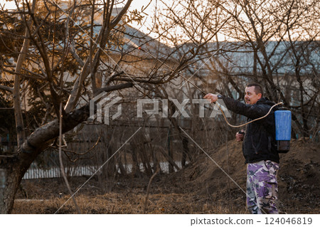 Man Spraying Trees with Pesticide in Backyard Garden During Late Afternoon 124046819