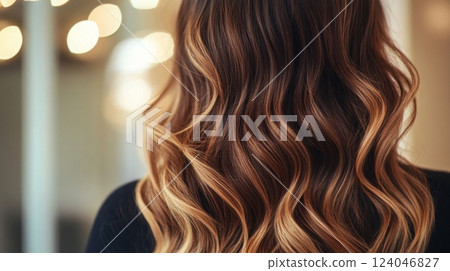 The soft waves of long hair with blonde highlights flow gracefully, catching the gentle light in a salon. The warm ambiance creates a cozy atmosphere for hairstyling. 124046827