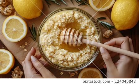 A person stirs a bowl of creamy lemon and honey oat mixture with a wooden spoon. The setting features fresh lemons and oats, creating a delightful, refreshing treat. 124046848