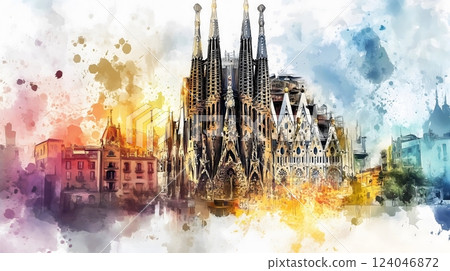 Watercolor Digital Art of Sagrada Familia, Barcelona, Spain - Iconic Gaudi Architecture Watercolor Digital Art of Sagrada Familia, Barcelona, Spain - Iconic Gaudi Architecture 124046872