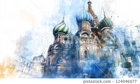 Watercolor Digital Art of St. Basil's Cathedral in Moscow, Russia 124046877