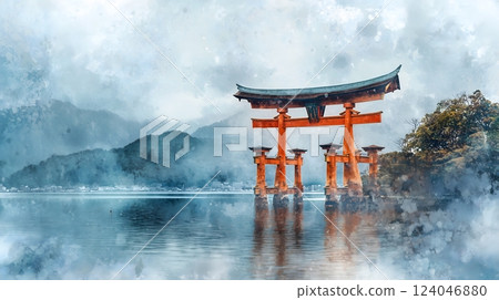 Watercolor Digital Art of Itsukushima Shrine Torii Gate in Misty Miyajima, Japan 124046880