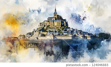 Watercolor Digital Art of Mont Saint-Michel Reflected in Water, Normandy, France 124046883