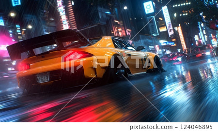 A modified yellow car speeds through a vibrant city at night, reflecting colorful neon lights on the rain-soaked pavement. A modified yellow car speeds through a vibrant city at night, reflecting colorful neon lights on the rain-soaked pavement. 124046895