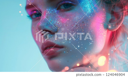 A woman's face is covered in sparkly blue and pink glitter, with the focus on her eyes and mouth. A woman's face is covered in sparkly blue and pink glitter, with the focus on her eyes and mouth. 124046904