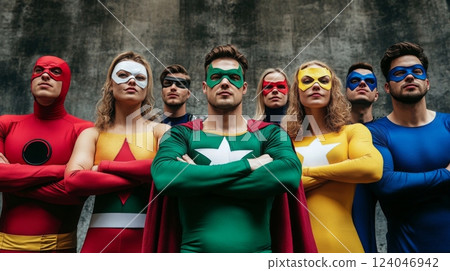 Seven people, dressed in superhero costumes, stand in a line with their arms crossed. They are wearing different colored suits and masks 124046942