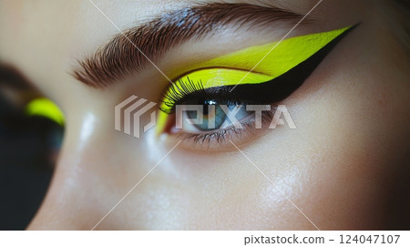 A close-up image shows a woman's eye with a bright yellow eyeliner and eyeshadow. The eyeliner is applied in a thick, angled line that extends beyond the outer corner of the eye A close-up image shows a woman's eye with a bright yellow eyeliner and eyeshadow. The eyeliner is applied in a thick, angled line that extends beyond the outer corner of the eye 124047107