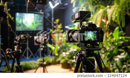 A camera on a tripod in a studio setting, with a green screen behind it. The camera is pointed at the green screen, and the background is blurred. 124047124
