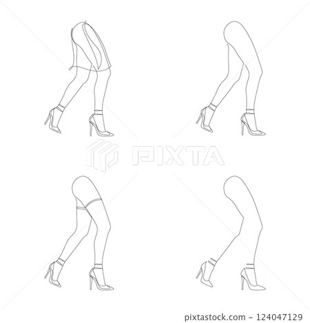 Woman legs walking in high heels shoes continuous one line drawing. Set of minimalist style single line designs, vector illustration, editable stroke. Woman legs walking in high heels shoes continuous one line drawing. Set of minimalist style single line designs, vector illustration, editable stroke. 124047129