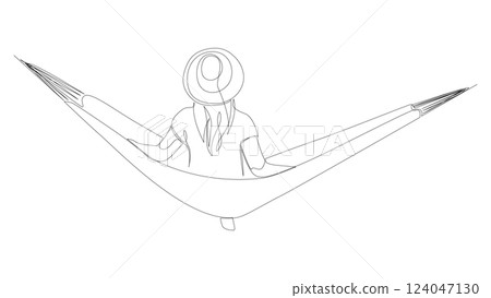 Young woman in straw hat relaxing in the hammock continuous line drawing. Minimalist trendy line art. Contour vector illustration, editable stroke. Young woman in straw hat relaxing in the hammock continuous line drawing. Minimalist trendy line art. Contour vector illustration, editable stroke. 124047130