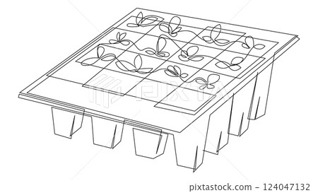 Continuous line drawing of young seedlings growing in plastic pots, containers. Trendy minimalist style vector illustration. Continuous line drawing of young seedlings growing in plastic pots, containers. Trendy minimalist style vector illustration. 124047132