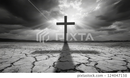 A wooden cross stands in a barren, cracked landscape, backlit by a radiant sun breaking through dark clouds a symbolic representation of Good Friday 124047138