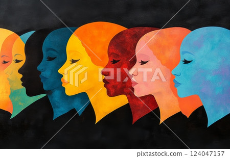 Seven stylized female heads in profile, varying in skin tone, are depicted in a vibrant, colorful painting against a dark background. The artwork may represent diversity or unity 124047157