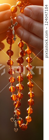 Amber rosary beads held by an adult person's hands, reflecting the solemnity of Good Friday. The crucifixes symbolize faith and devotion 124047184