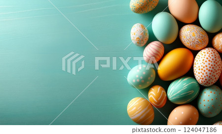 Colorful Easter eggs arranged on a teal background. The eggs are decorated with various pastel patterns 124047186