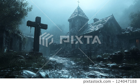 A weathered wooden cross stands beside a stone church in a rain-swept village, evoking a somber Good Friday atmosphere 124047188